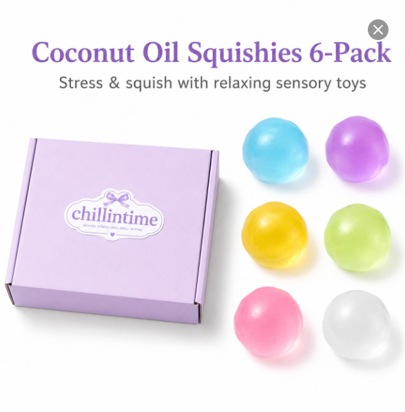 Coconut Oil Squishy Balls, 6cm Slow Rebound Stress & Anxiety Relief Fidget Toys | Available as Single Colors or 6-Pack Gift Box, Soft Sensory Toys for Relaxation & Gifts